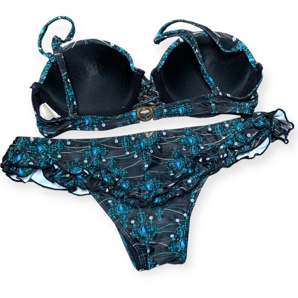 Lisa Blue Call of the Whale Bikini Set Swimsuit Bejeweled Teal Blue and Black - Picture 3 of 7